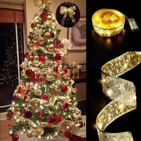 Christmas Tree Decorations String Lights 32ft 100 LED Lights Copper Wire Ribbon (Gold Warm Light Battery Powered)
