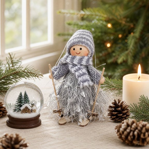 Christmas Tree Decorations with Wooden Fiber Tassel Skiing Doll, Gray, for Mantel Display, Hanging Ornament
