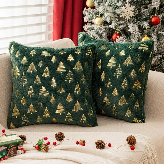 Christmas Tree Decorative Throw Pillow Covers Set of 2, 18x18" Soft Fluffy Pillow Cases, Faux Fur Fuzzy Pillows Covers Winter Holiday Cushion Cases for Sofa Couch Bedroom Living Room Home Décor