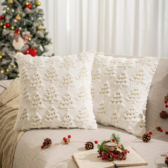 Christmas Tree Decorative Throw Pillow Covers Set of 2, Faux Fur Farmhouse Throw Pillows Cushion Cases for Xmas Winter Holiday Home Decorations