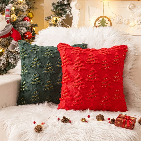 Christmas Tree Decorative Throw Pillow Covers Set of 2, Faux Fur Farmhouse Throw Pillows Cushion Cases for Xmas Winter Holiday Home Decorations