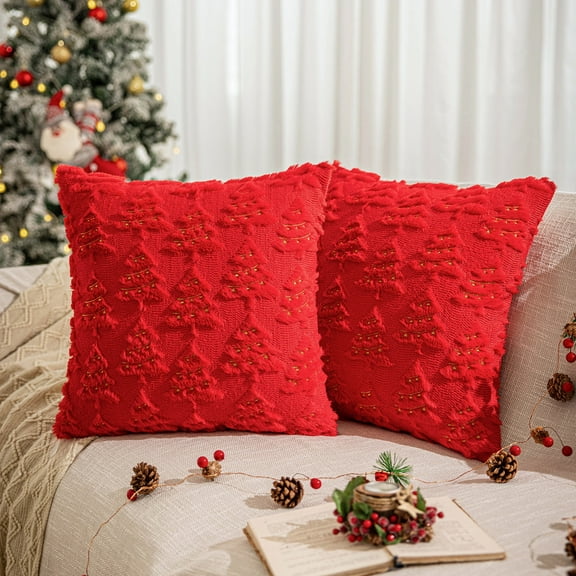 Christmas Tree Decorative Throw Pillow Covers Set of 2, Faux Fur Farmhouse Throw Pillows Cushion Cases for Xmas Winter Holiday Home Decorations