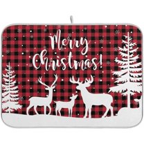 Christmas Tree Deer Buffalo Plaid Dish Drying Mat for Kitchen Counter Absorbent Microfiber Drying Pad, Large 18x24 in, Reversible Drainer Mats