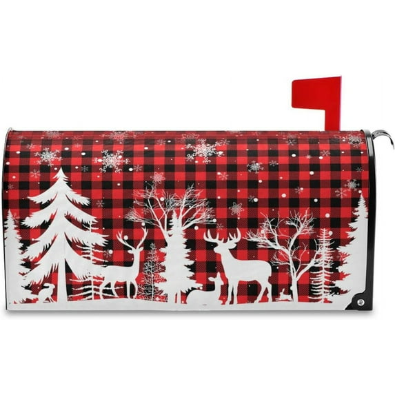 Christmas Tree Deer Buffalo Plaid Mailbox Cover Magnetic Mailboxes Wraps Letter Post Box Cover Decorative Large Oversize 21x25 in Garden Yard Decor