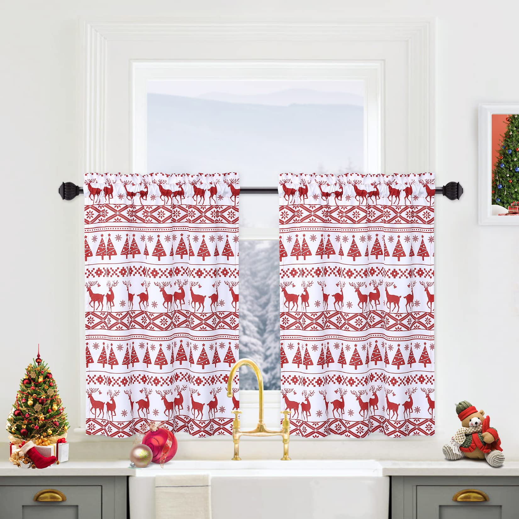 Christmas Tree And Deer Curtain For Bathroom Boho Style Curtains Windows Xmas Home Decorations Kitchen Cafe 26 X 30 One Panel White Com