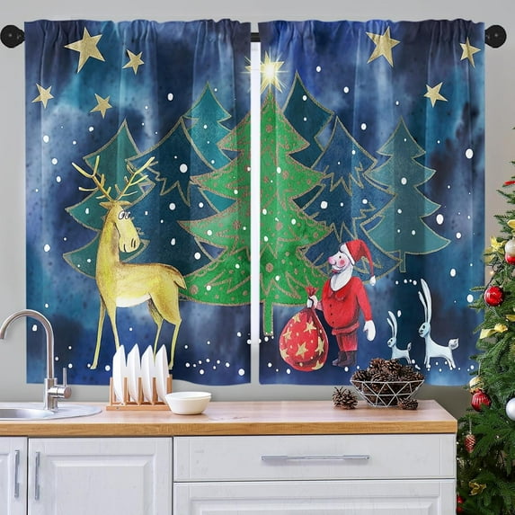 Christmas Tree Deer Kitchen Curtains Winter Window Curtains Over Sink Set of 2, Cute Santa Reindeer Rod Pocket Short Tier Curtains for Kitchen, Blue Christmas Small Kitchen Decor (26x36 Inch)