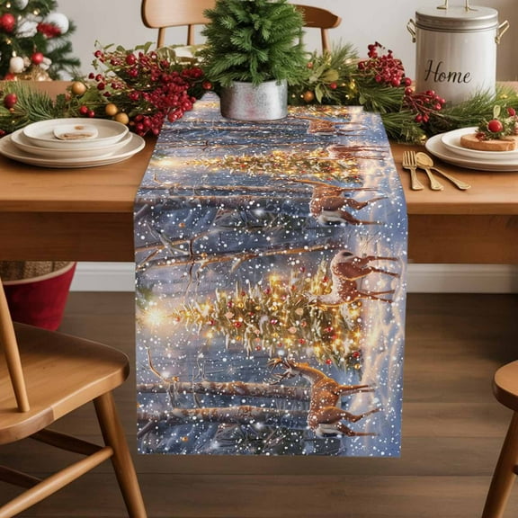 Christmas Tree Deer Snowing Forest Table Runner 13x70in Non-Slip Cotton Linen Table Runners, Xmas Bokeh Snowflakes Dresser Scarves TableRunner for Dinner Kitchen Dining Wedding Party