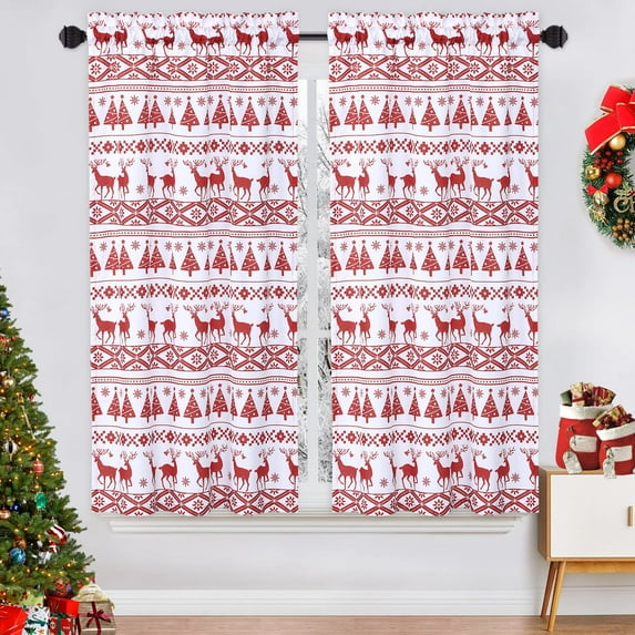 Christmas Tree and Deer Valance Curtain for Bathroom, Boho Style Valance Curtains for Windows, Xmas Home Decorations Kitchen Valance Curtain Cafe Curtains