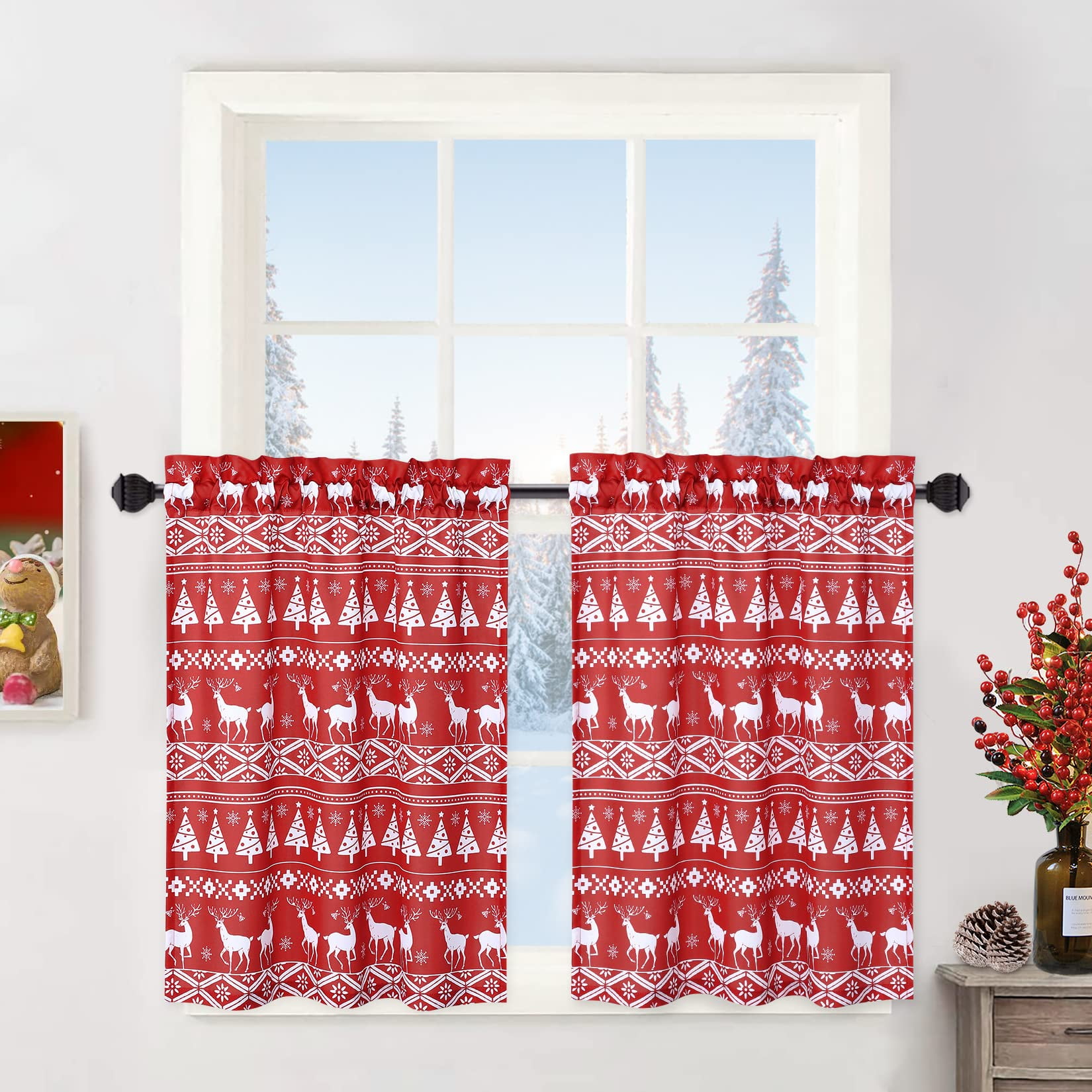 Christmas Tree and Deer Valance Curtain for Bathroom, Boho Style