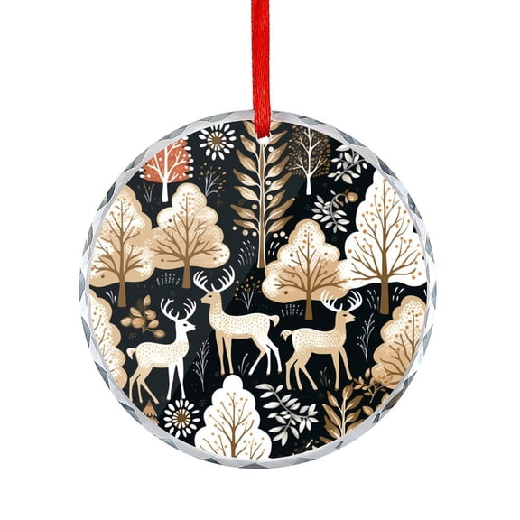 Christmas Tree with Deer in Winter Crystal Glass Ornament Xmas Tree Decor for Kids Mom Dad Friends Loves Happy Winter Holiday Christmas Ornament Round Glass