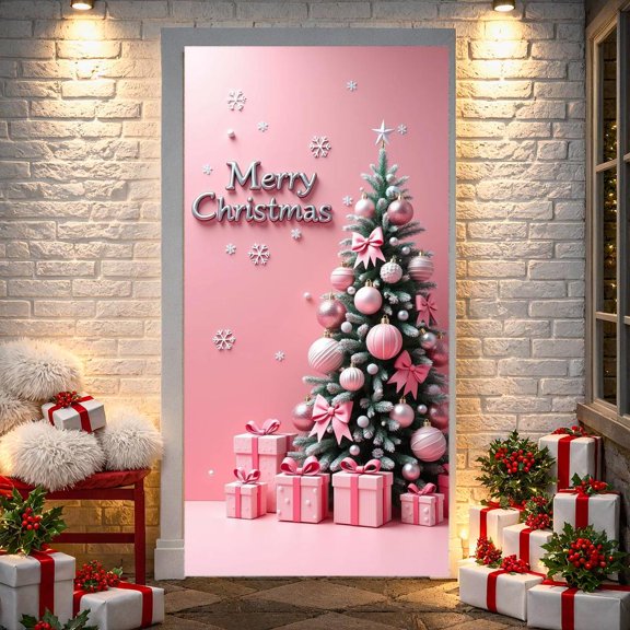Christmas Tree Design Christmas Banner Gold Ornaments Merry Christmas Banner Gift Boxes Snowflakes Xmas Banner for Christmas Party Home Decoration Indoor Celebration
