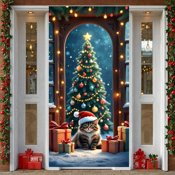 Christmas Tree Design Christmas Banner Red Gold Color Xmas Display Festive Lights Gift Boxes Holiday Backdrop for Christmas Party Home Indoor Family Gathering