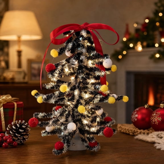 Christmas Tree Desktop Light Up Ornament, Christmas Decorations for Home Tabletop, Mini Black Silver Tinsel Tree with Red Bow and Poms for Holiday Party, Compact 25Cm Festive Table Centerpiece Gift
