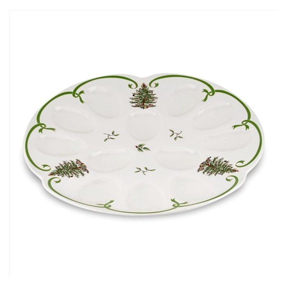 Christmas Tree Deviled Egg Plate, 13 Inch - Holiday Egg Platter with Mistletoe, Porcelain Serveware, Festive Appetizer Tray, Dishwasher Safe