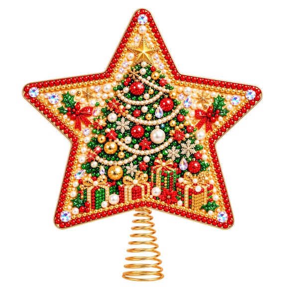 Christmas Tree Diamond Art Style Star Topper, Jewel-Like Holiday Scene for Christmas Tree and Seasonal Home Display, Plastic