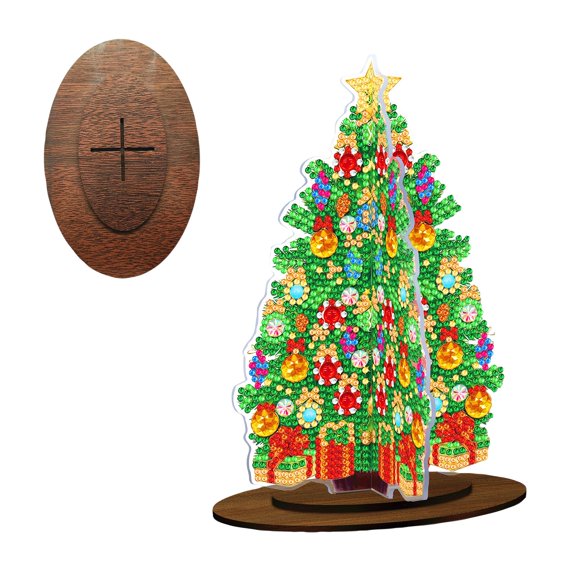 Christmas Tree Diamond Painting Tabletop Sign 3D DIY Crystal Rhinestone Art Craft Kit Desktop Stand Festive Holiday Indoor Home Decor Wood Base A499