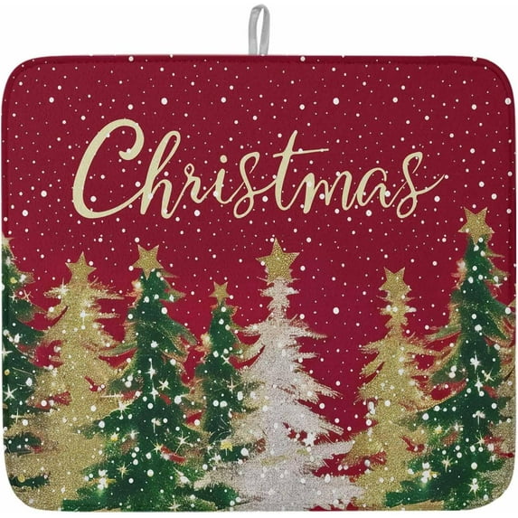 Christmas Tree Dish Drying Mat for Kitchen Counter Gold Xmas Tree Drying Pad Absorbent Drying Mats for Countertops Sinks Draining Racks Star Snowflake Red Drainer Holiday Decorations 16x18 Inch