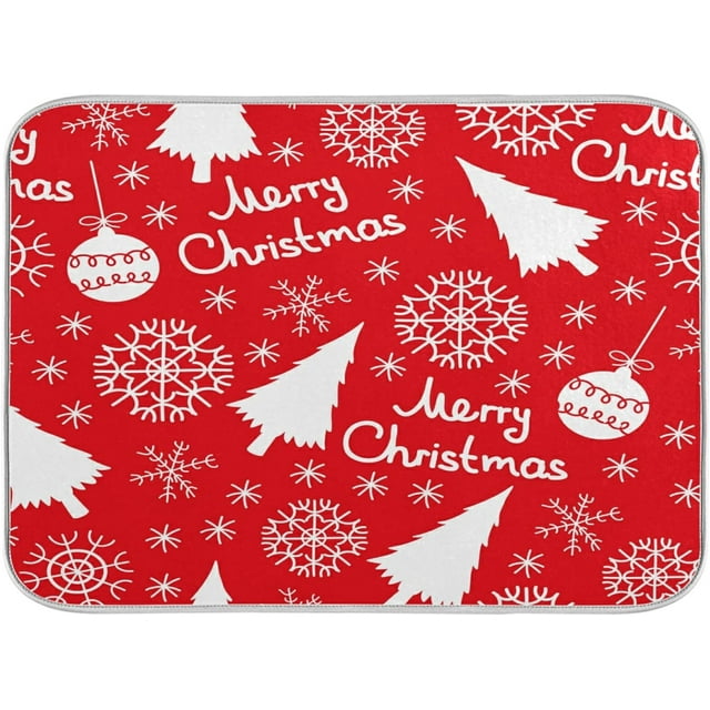 Christmas Tree Dish Drying Mat for Kitchen Counter, Snowflakes Christmas Ball On Red Microfiber