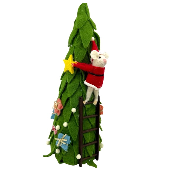 Christmas Tree Display Large Wool Felted Mouse on Ladder – Handmade Holiday Decoration for Tabletop, Shelf, or Mantel Ornament