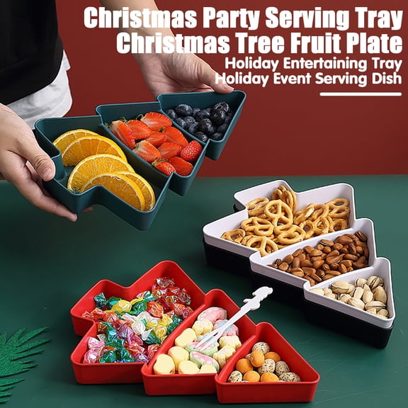 Christmas Tree Divided Snack Tray Plastic Serving Dish for Fruits Nuts Candy Stackable Food Platter for Holiday Parties Space-Saving Kitchen Organizer