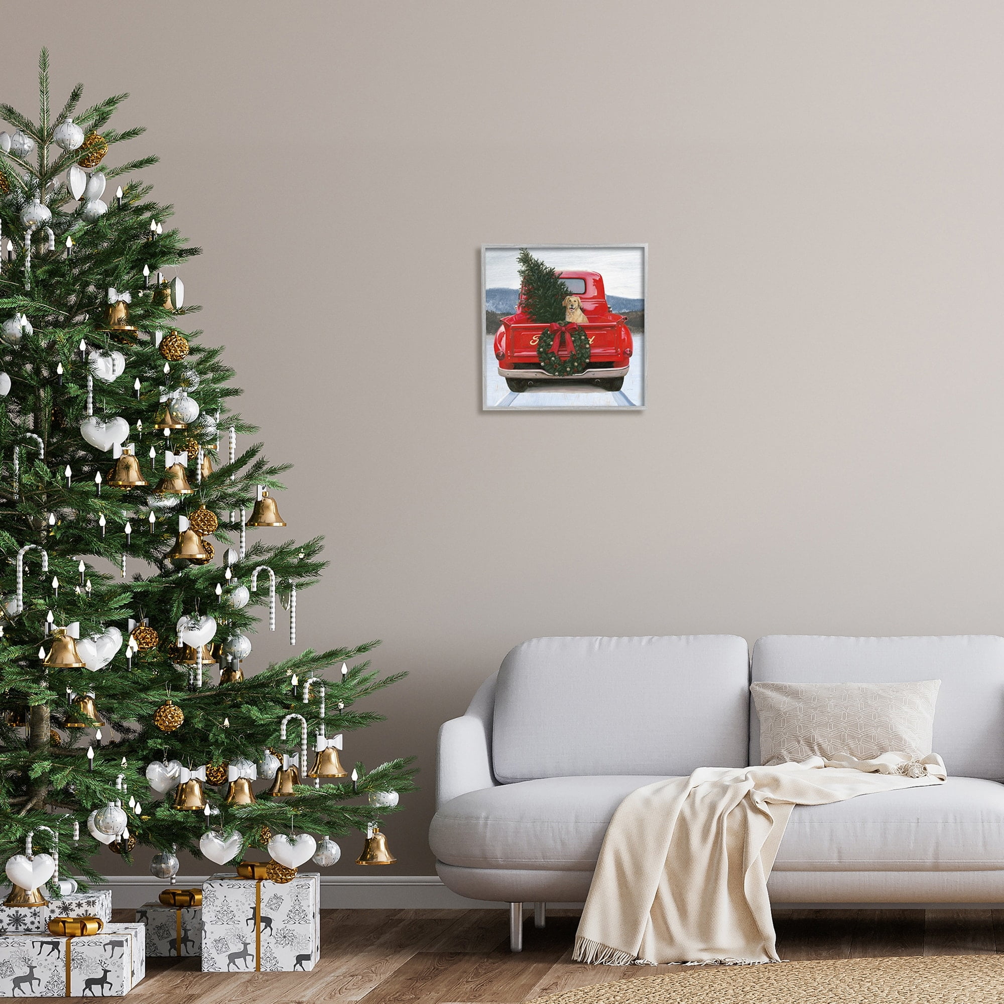 Christmas Tree & Dog Red Truck Driving Snowy Scene Botanical & Floral Painting Framed Art Print Wall Art