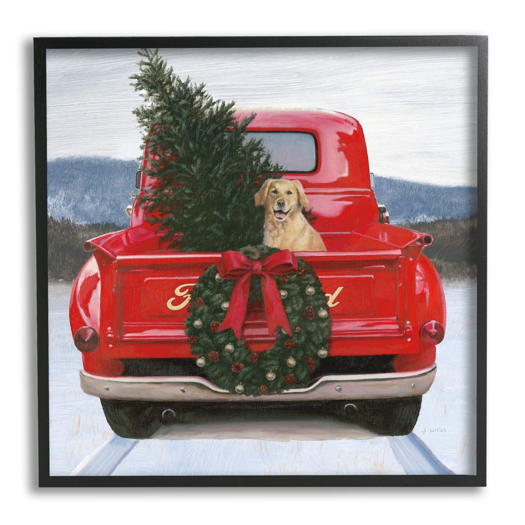 Christmas Tree & Dog Red Truck Driving Snowy Scene Botanical & Floral Painting Framed Art Print Wall Art