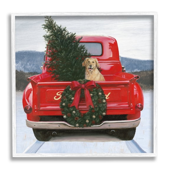 Christmas Tree & Dog Red Truck Driving Snowy Scene Botanical & Floral Painting Framed Art Print Wall Art