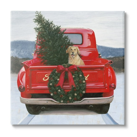 Christmas Tree & Dog Red Truck Driving Snowy Scene Botanical & Floral Painting Gallery-Wrapped Canvas Print Wall Art