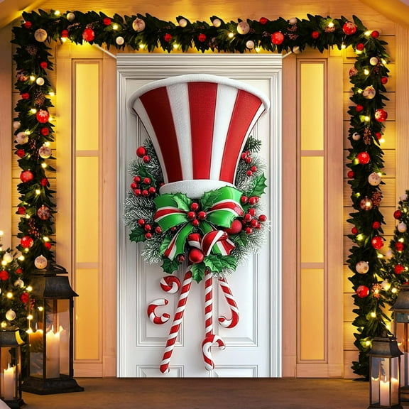 Christmas Tree Door Cover – 35 x 71 Inch Polyester Door Curtain with Santa Claus, Candy Canes & Gifts – Reusable Holiday Decoration for Home, Party, or Storefront
