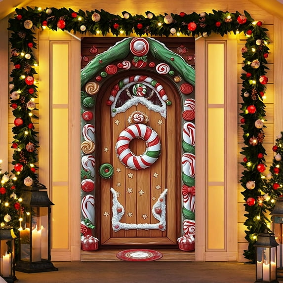 Christmas Tree Door Cover – 35 x 71 Inch Polyester Door Curtain with Santa Claus, Candy Canes & Gifts – Reusable Holiday Decoration for Home, Party, or Storefront