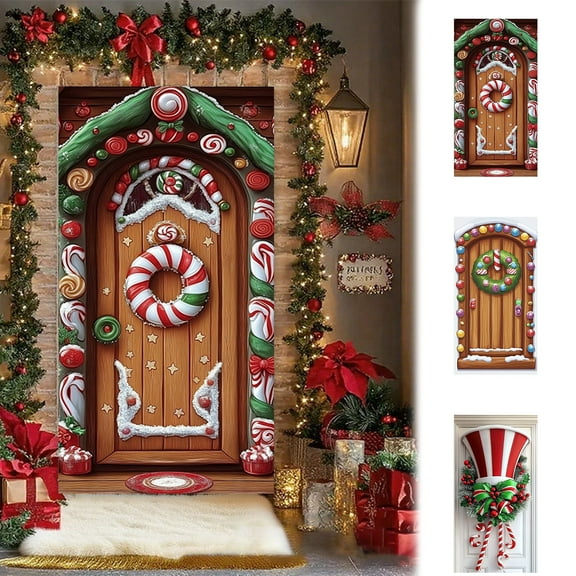 Christmas Tree Door Cover,Door Curtains Various Decorations Santa Claus Gifts Door Covers Festive Party Vibe,35x71" Candy Cane and Christmas Hat Pattern Door Curtain for Easy Installation