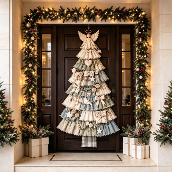 Christmas Tree Door Hanging Kit, Large Patchwork Angel Tree Door Decor, DIY Fabric Craft Kit for Front Door and Porch