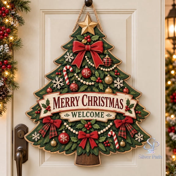 Christmas Tree Door Sign, Holly Bow Ornament Theme, Wooden Front Porch Welcome Accent for Holiday Guests