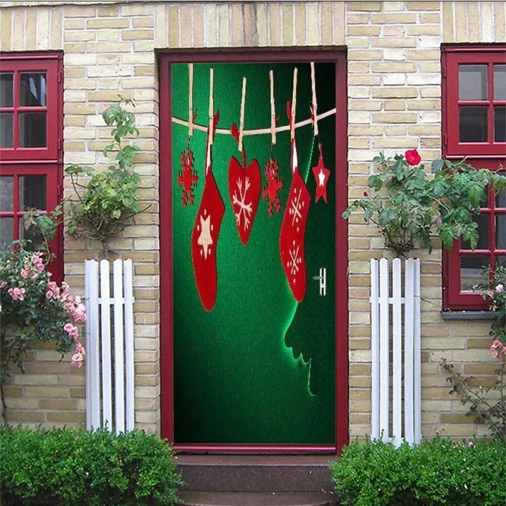 Christmas Tree Door Stickers Merry Christmas Theme Door Mural Sticker