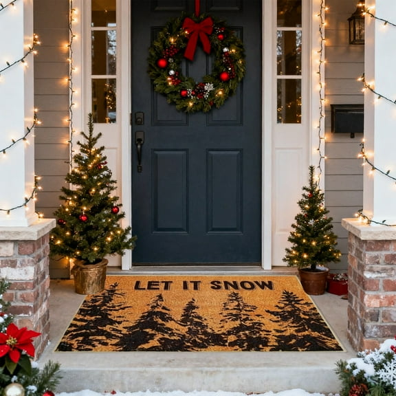 Christmas Tree Doormat for Entryway, Let It Snow Non-Slip Rug for Winter Holiday Decor, Polyester Fiber Floor Mat(Orange)