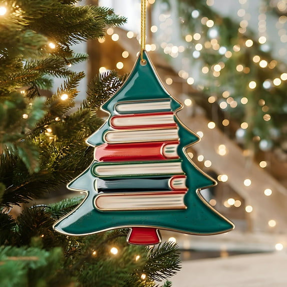 Christmas Tree Double Sided Acrylic Hanging Ornament,Xmas Tree Shaped Bookcase Pendants,Christmas Ornaments Decor,Books Stacked Decorations Christmas Books Lovely Acrylic Pendent