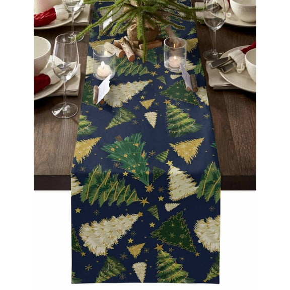 Christmas Tree Dresser Scarf Farmhouse, Dining Table Decorations for Wedding/Parties, Navy Blue Green Xmas Tree Winter Table Runner 72 Inches Long for Kitchen Dining, 16 x 72 In