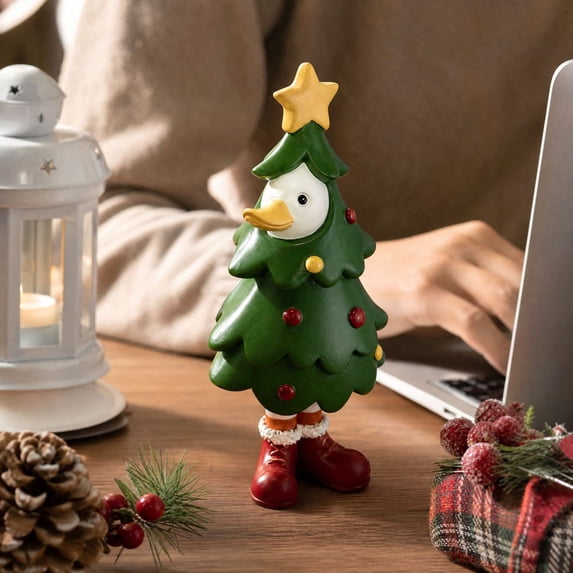 Christmas Tree Duck Figurine with Resin Craftsmanship and Festive Star Top, Green and Red, for Holiday Table Display, Christmas Decoration