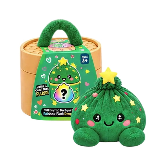 Christmas Tree Dumpling Plush Toy, Dark Green Stuffed Bao with Stars and Holly, Holiday Collectible Plush with Bamboo Steamer Box