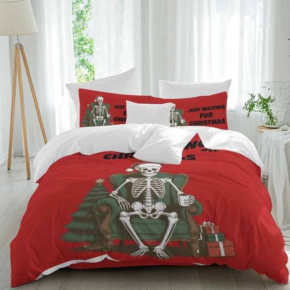 Christmas Tree Duvet Cover Set Full Size, Just Waiting for Christmas Funny Skull Sitting on Sofa Red 4 Piece Bedding Set with Zipper Closure & Corner Ties Soft Breathable Comforter Cover for Bedroom