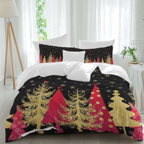 Christmas Tree Duvet Cover Set Full Size, Winter Snowflake Red Gold Retro Texture 4 Piece Soft Microfiber Bedding Set with Zipper Closure, 1 Comforter Cover, 1 Flat Sheet, 2 Pillowcases