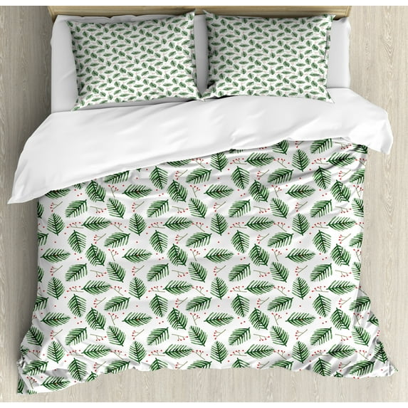 Christmas Tree Duvet Cover Set King Size, Painting Illustrations of Branches and Berries Watercolor Style, Decorative 3 Piece Bedding Set with 2 Pillow Shams, Hunter Green and White, by Ambesonne