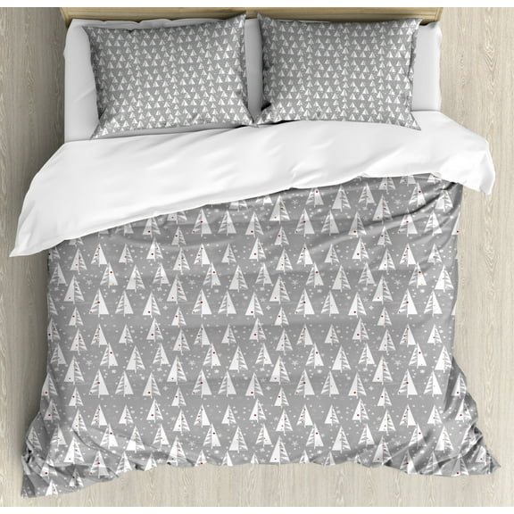 Christmas Tree Duvet Cover Set King Size, Triangular Shaped Silhouettes on a Background with Snowflakes, Decorative 3 Piece Bedding Set with 2 Pillow Shams, Pale Taupe and Vermilion, by Ambesonne