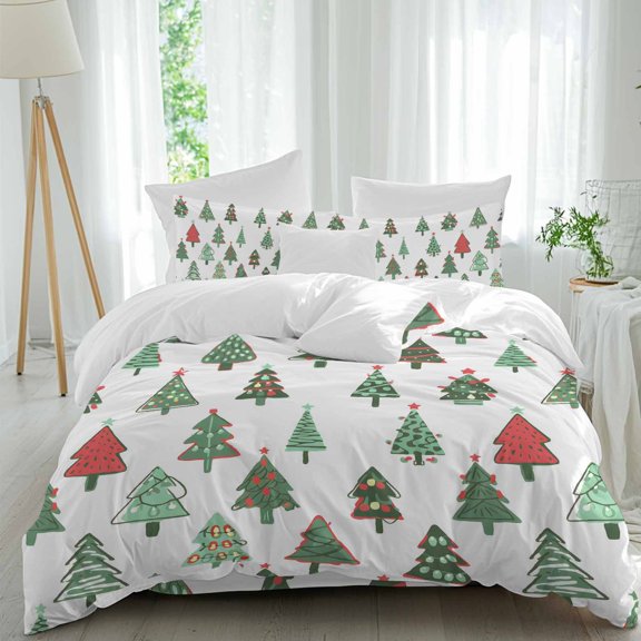 Christmas Tree Duvet Cover Set Twin Size, Hand Painted Cartoon Trees 4 Piece Soft Microfiber Bedding Set with Zipper Closure, 1 Comforter Cover, 1 Flat Sheet, 2 Pillowcases