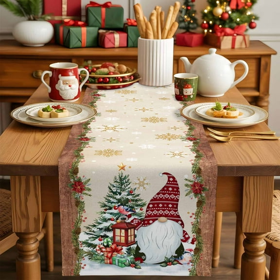 Christmas Tree Dwarf Table Runner 13x36in Non-Slip Cotton Linen Table Runners, Snowflake on Gold Background Dresser Scarves TableRunner for Dinner Kitchen Dining Wedding Party