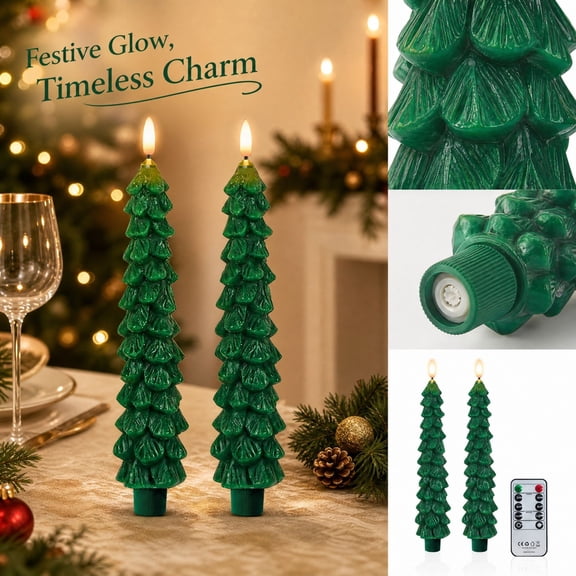 Christmas Tree Electronic Candle Lights Holiday Decor, 9" Green 3D Flickering Flame Xmas Tree Candles, Suitable for Christmas Indoor Home Decoration, Bedroom and Dining Table Decorations