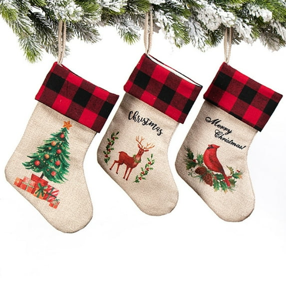 Christmas Tree Elk Bird Pattern Hanging Storage Bag Linen Xmas Stocking Decor - Festive Linen Storage Bag