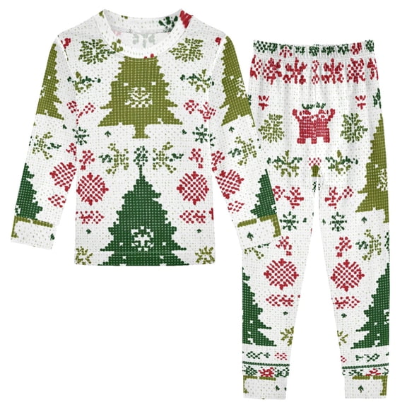 Christmas Tree Elk Knit Pattern Cotton Pajama Set Long Sleeve Top and Pants Sleepwear Unisex 8Y