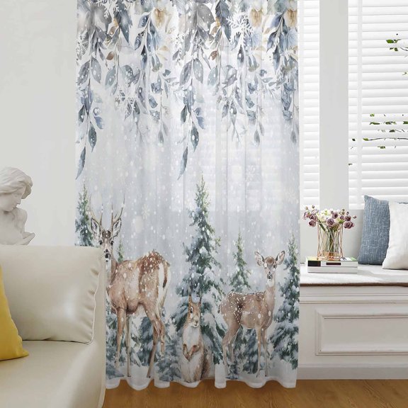 Christmas Tree Elk Semi Sheer Curtains Drapes for Living Room, Bedroom, French Doors Window 45 Inches Long, Winter Eucalyptus Botanical Xmas Rod Pocket Chiffon Curtain Drapery Voile Draperies Panel