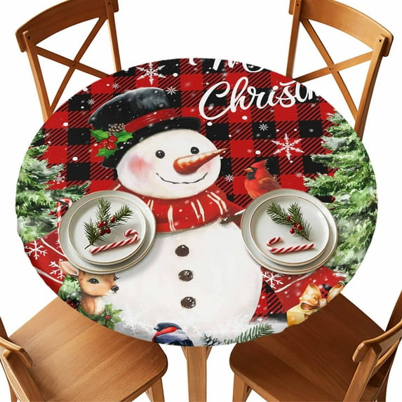 Christmas Tree Elk Snowflake Fitted Round Tablecloths Table Covers 36"-44",Waterproof Table Cloth for Kitchen Holiday Party Tables Decor